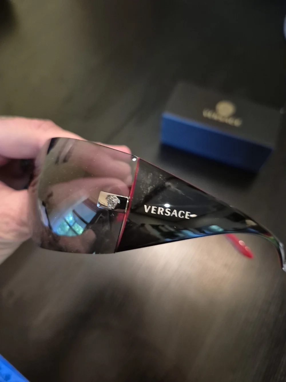Versace Black Shield Sunglasses with Red Inner Trim - Picture 4 of 7